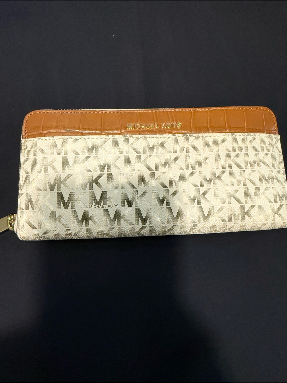 Michael Kors Beige and Tan Logo Zip Wallet with Croc-Trim